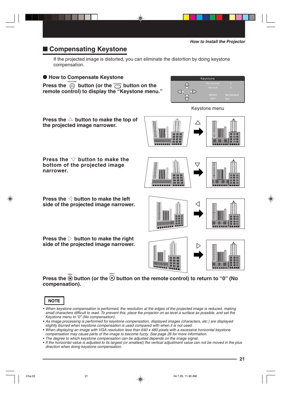 Compensating keystone, How to compensate keystone press the, Button (or the | Kensington MP-700 User Manual | Page 21 / 72