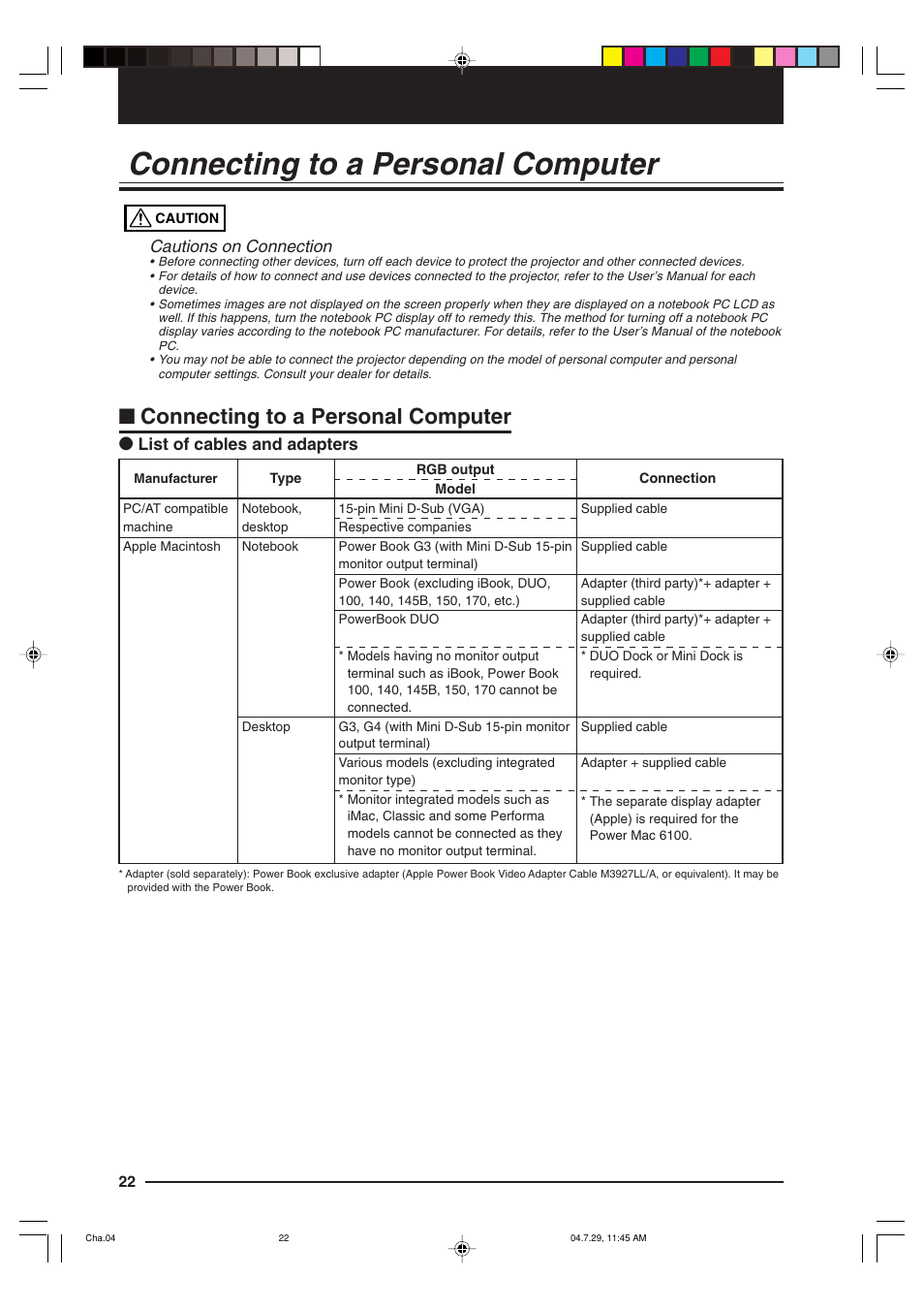 Connecting to a personal computer, Cautions on connection | Kensington MP-700 User Manual | Page 22 / 72