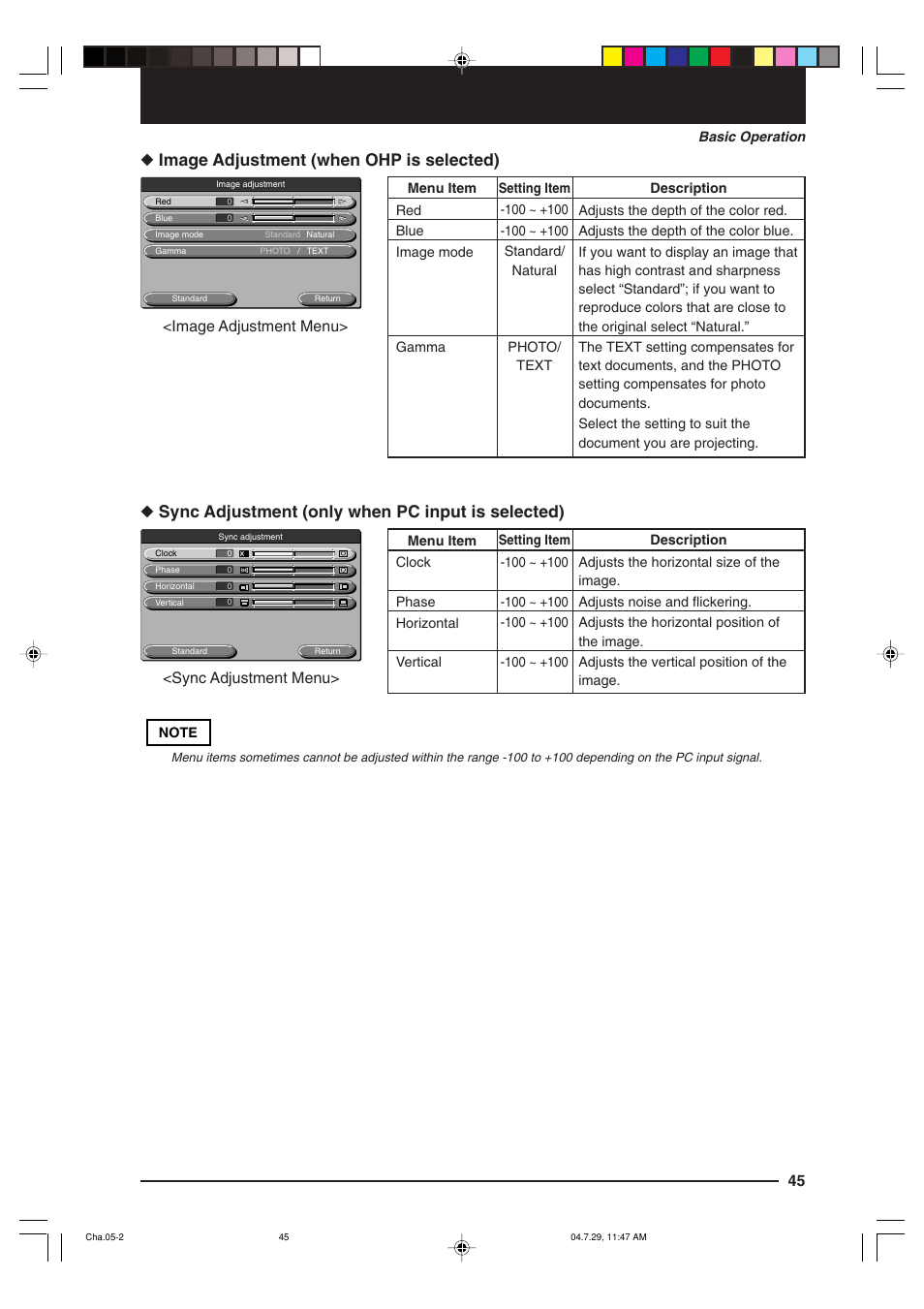 Image adjustment (when ohp is selected), Sync adjustment (only when pc input is selected), Image adjustment menu | Sync adjustment menu | Kensington MP-700 User Manual | Page 45 / 72