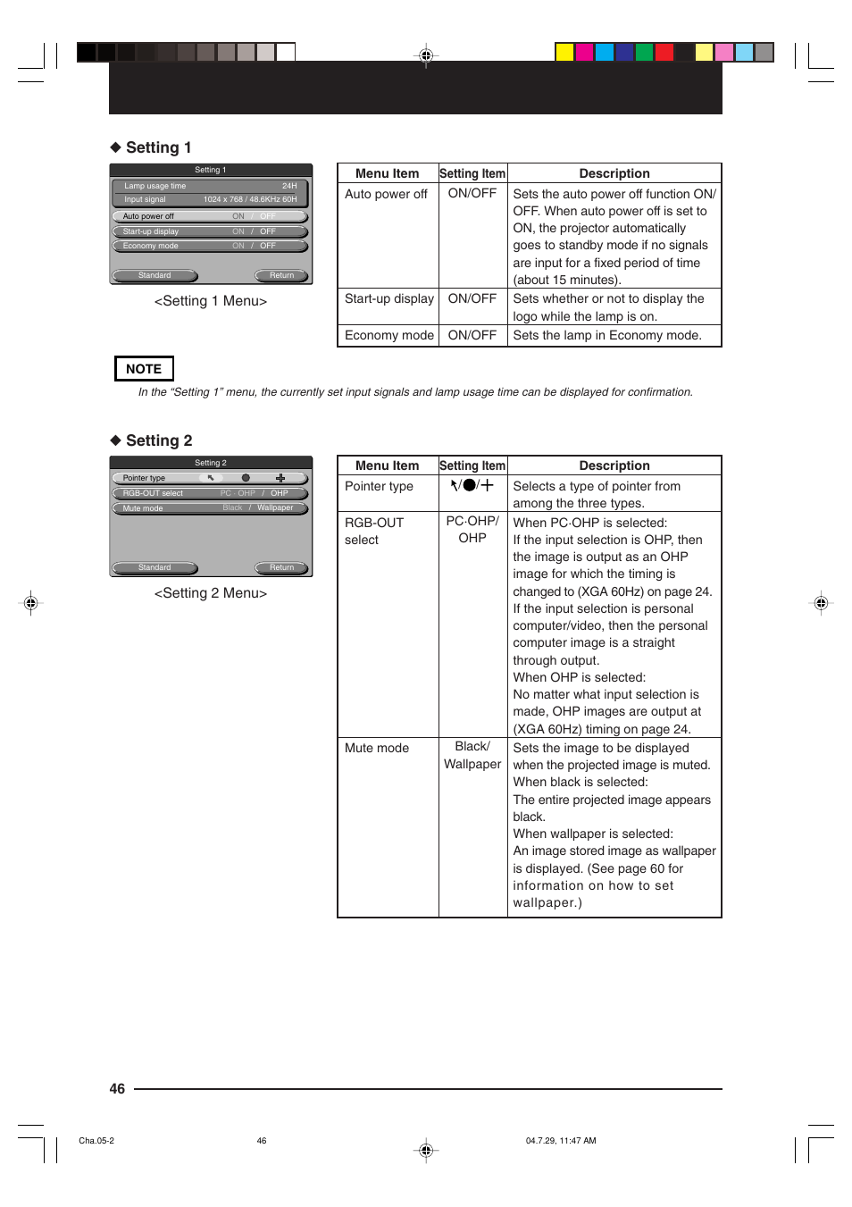 Setting 1, Setting 2, Setting 1 menu | Setting 2 menu | Kensington MP-700 User Manual | Page 46 / 72