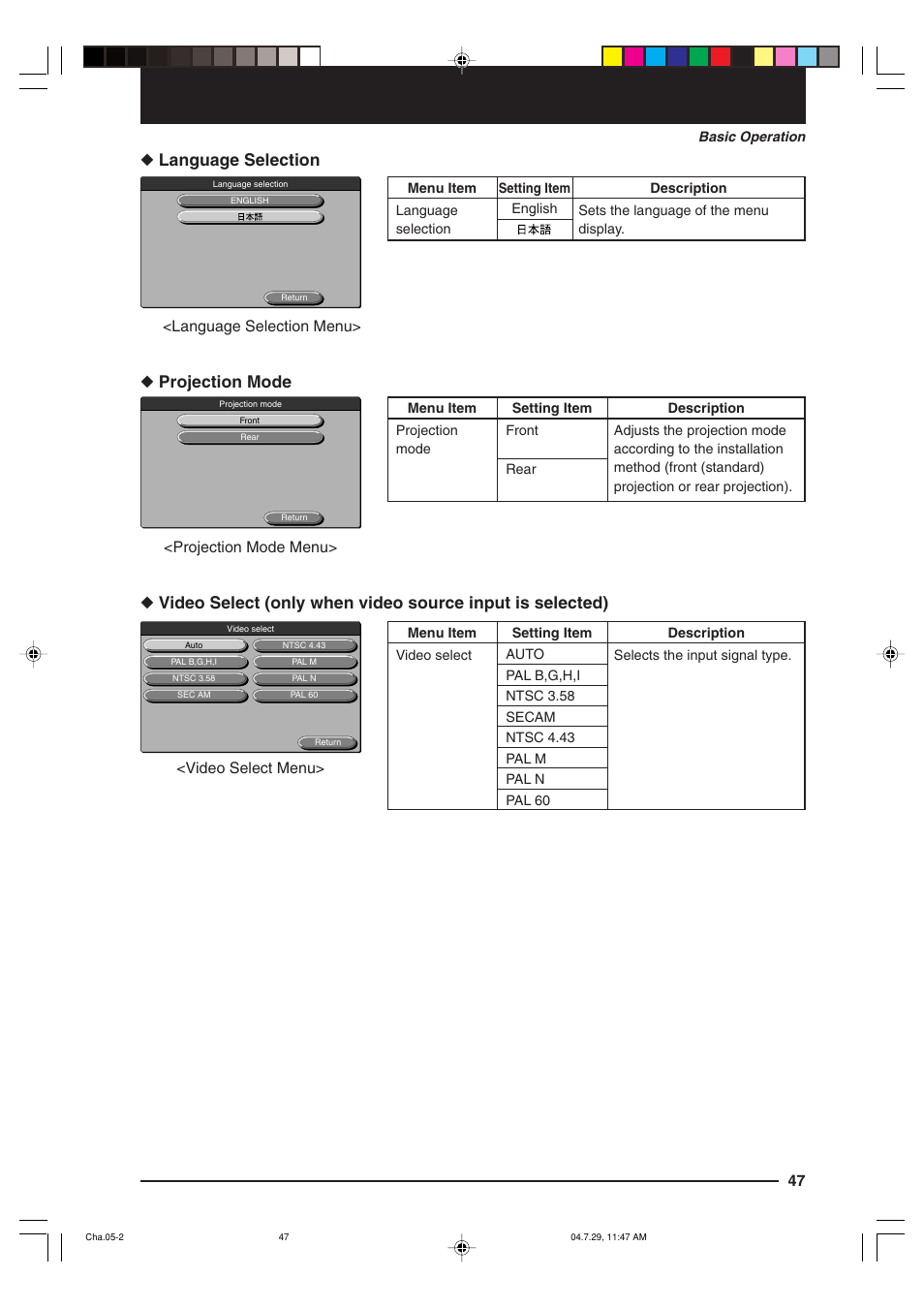 Language selection, Projection mode, Language selection menu | Projection mode menu, Video select menu | Kensington MP-700 User Manual | Page 47 / 72