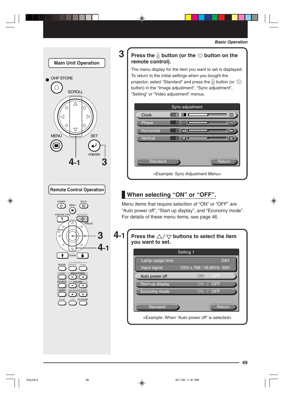 When selecting “on” or “off, Press the, Button (or the | Button on the remote control) | Kensington MP-700 User Manual | Page 49 / 72