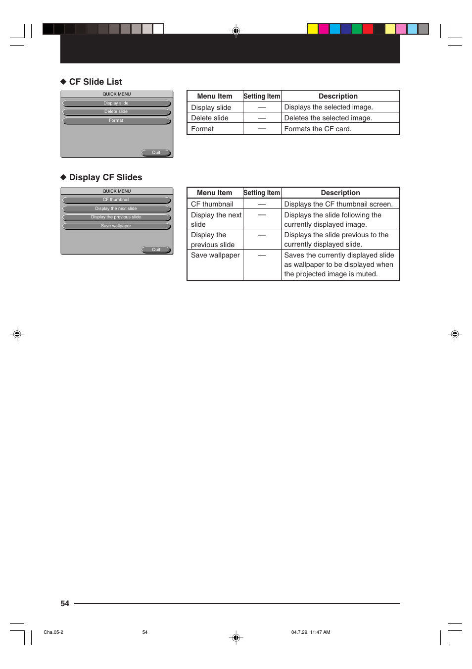 Cf slide list ◆ display cf slides | Kensington MP-700 User Manual | Page 54 / 72