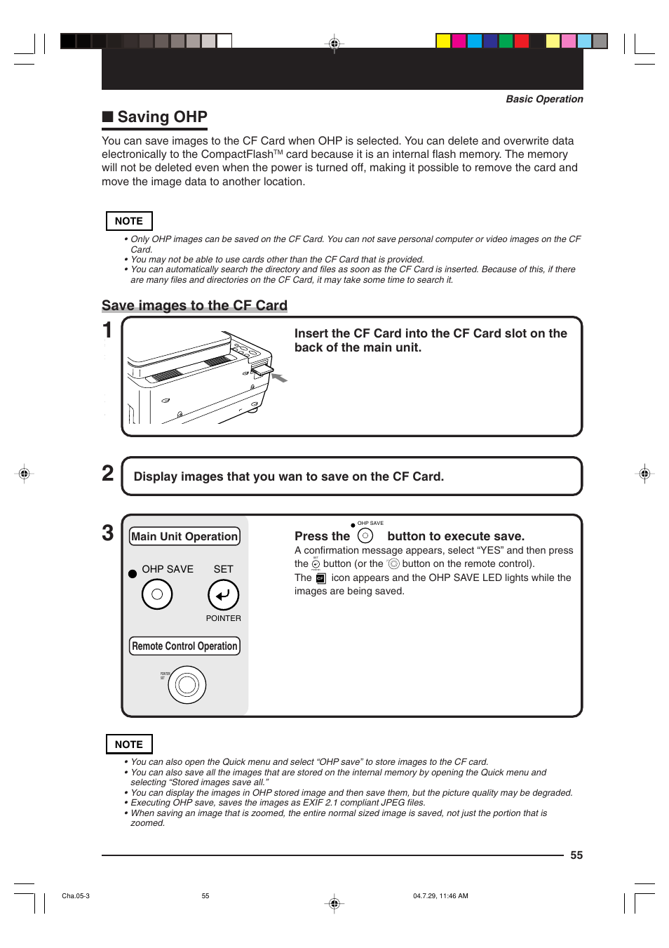 Saving ohp, Save images to the cf card | Kensington MP-700 User Manual | Page 55 / 72