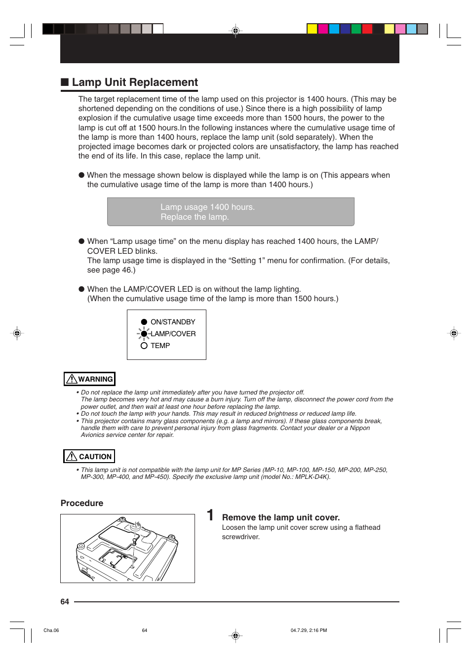 Lamp unit replacement | Kensington MP-700 User Manual | Page 64 / 72
