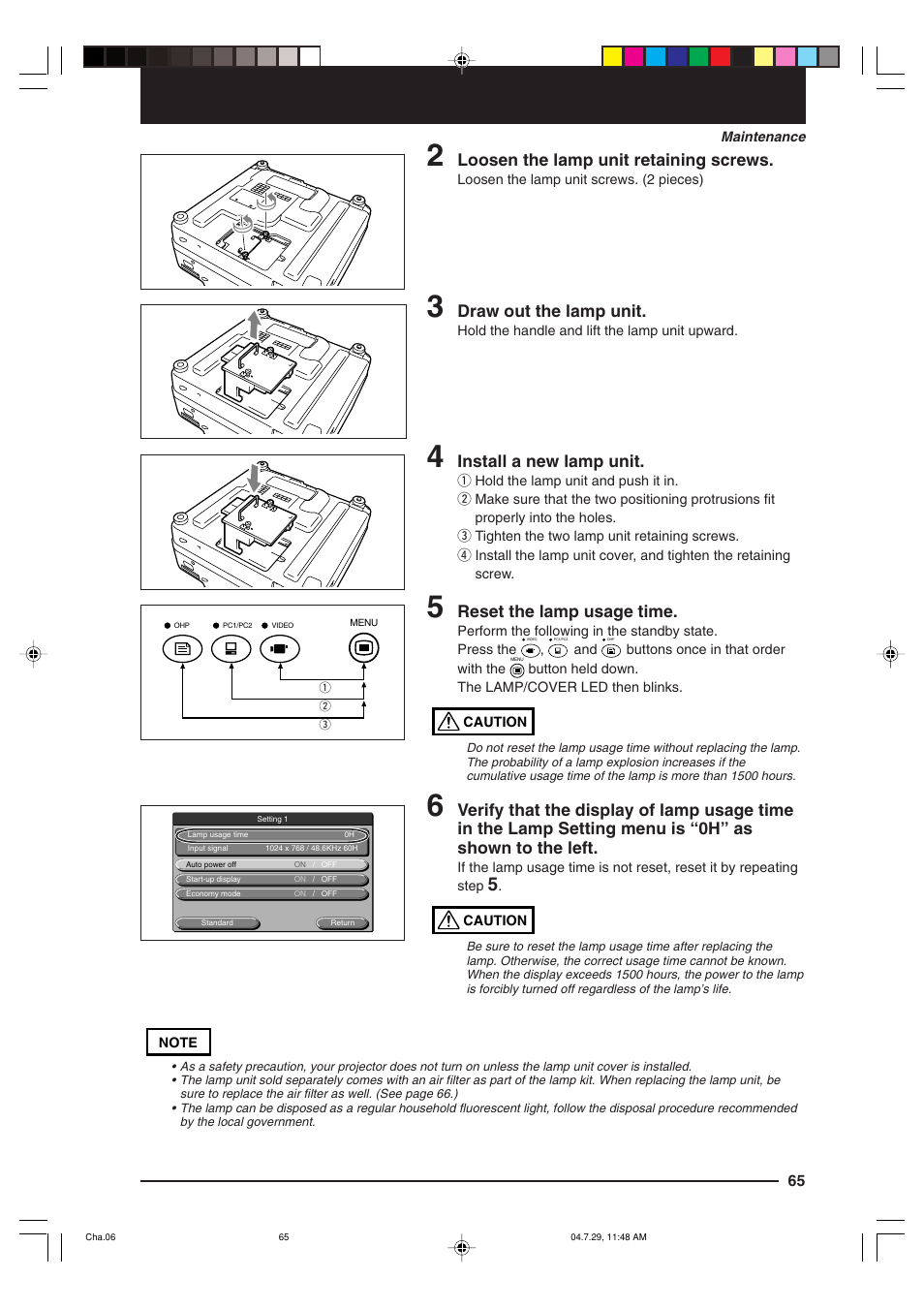 Loosen the lamp unit retaining screws, Draw out the lamp unit, Install a new lamp unit | Reset the lamp usage time | Kensington MP-700 User Manual | Page 65 / 72
