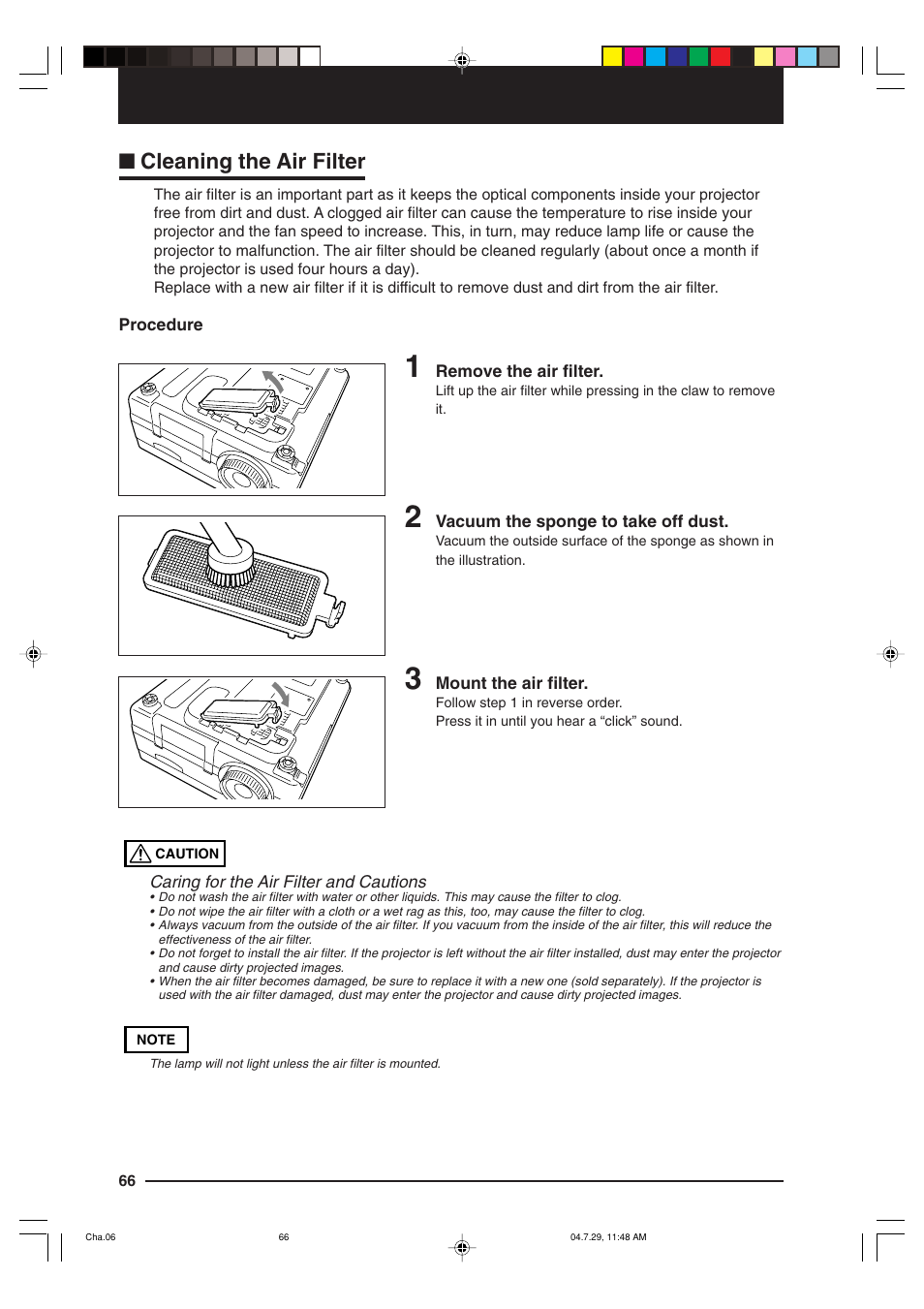 Cleaning the air filter | Kensington MP-700 User Manual | Page 66 / 72