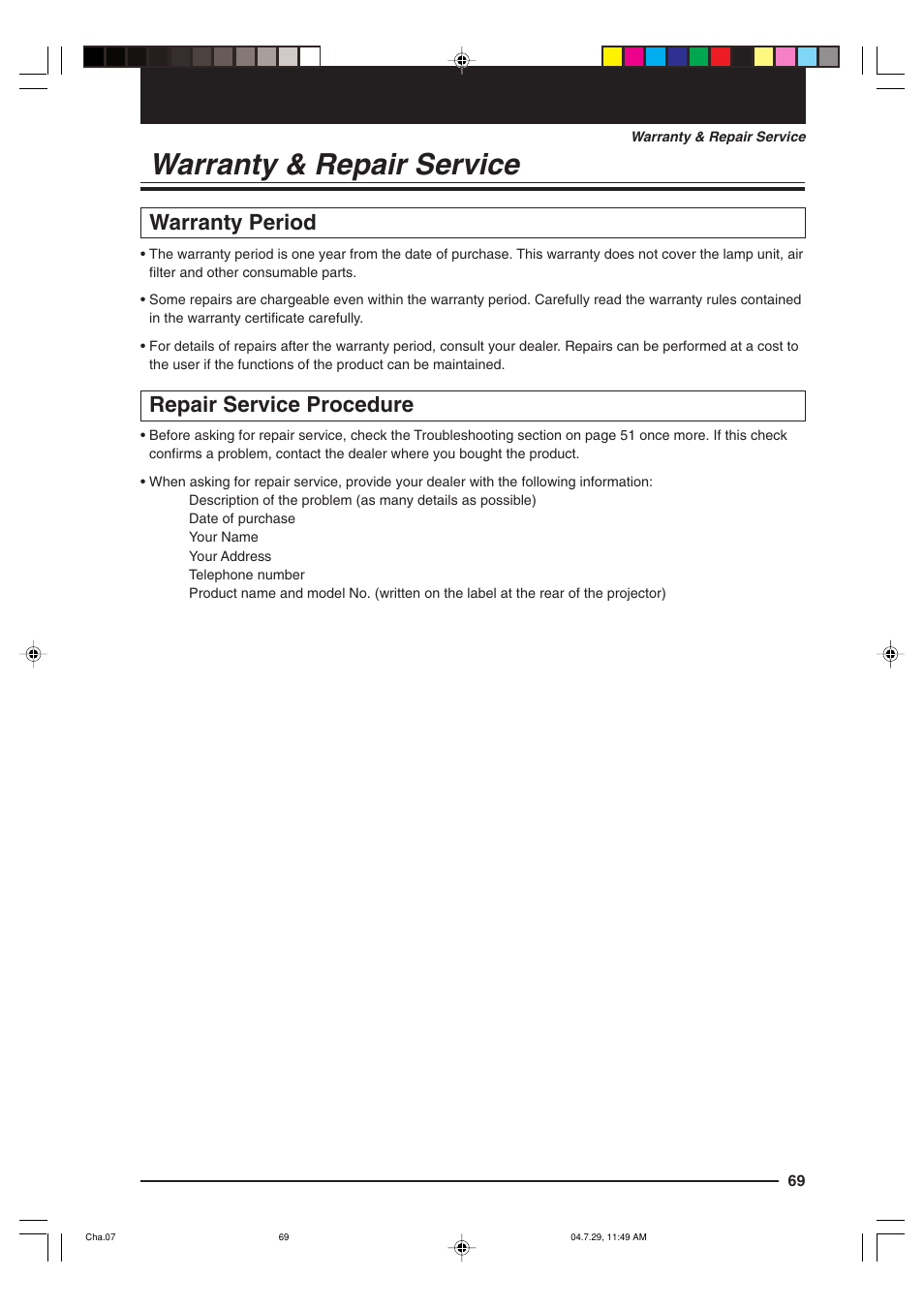 Warranty & repair service, Warranty period, Repair service procedure | Kensington MP-700 User Manual | Page 69 / 72