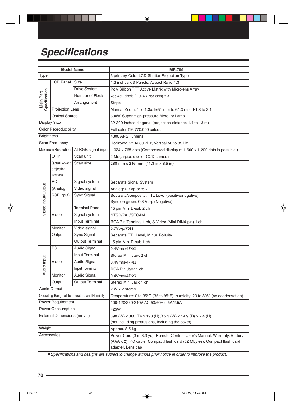 Specifications | Kensington MP-700 User Manual | Page 70 / 72