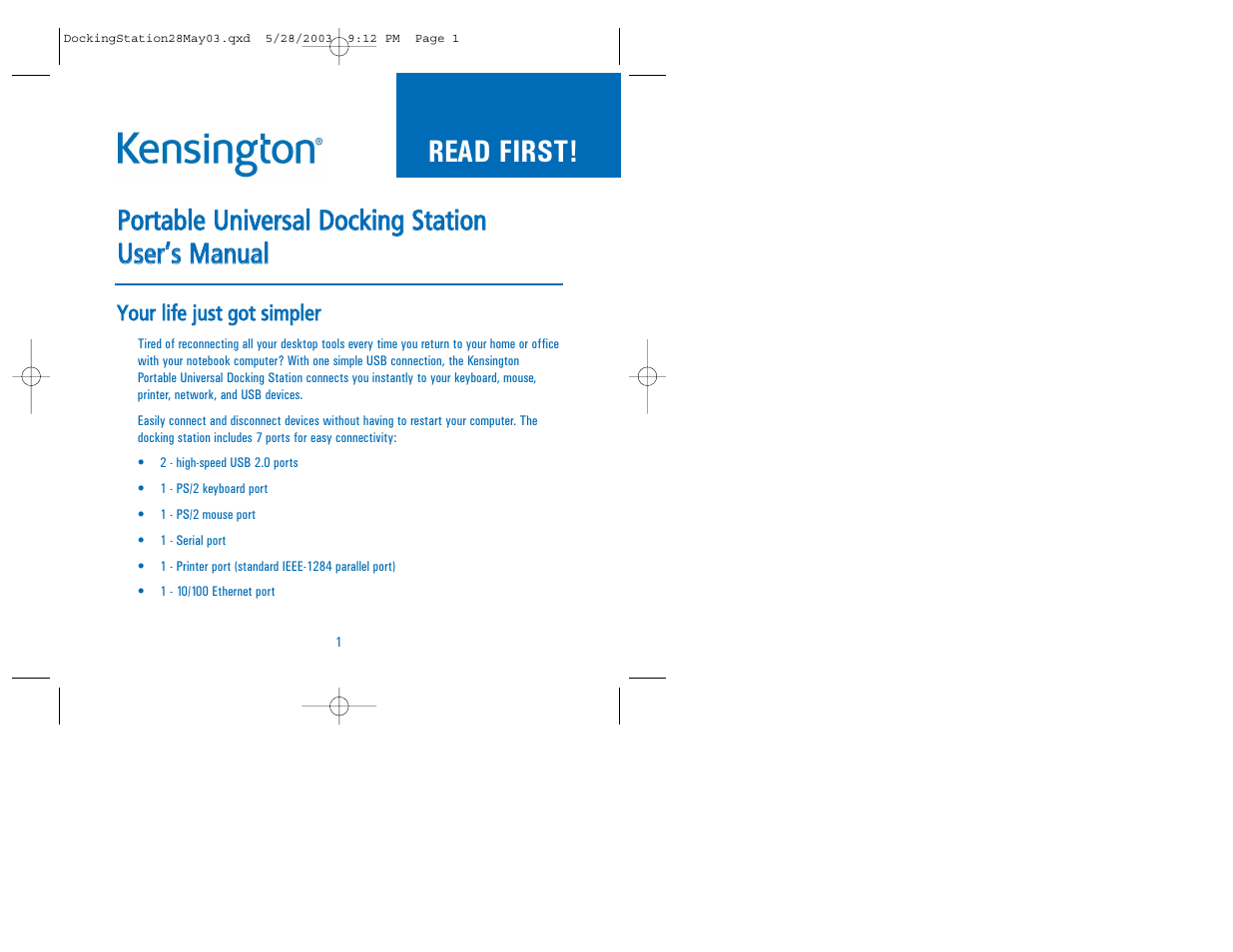 Kensington Portable Universal Docking Station User Manual | 7 pages