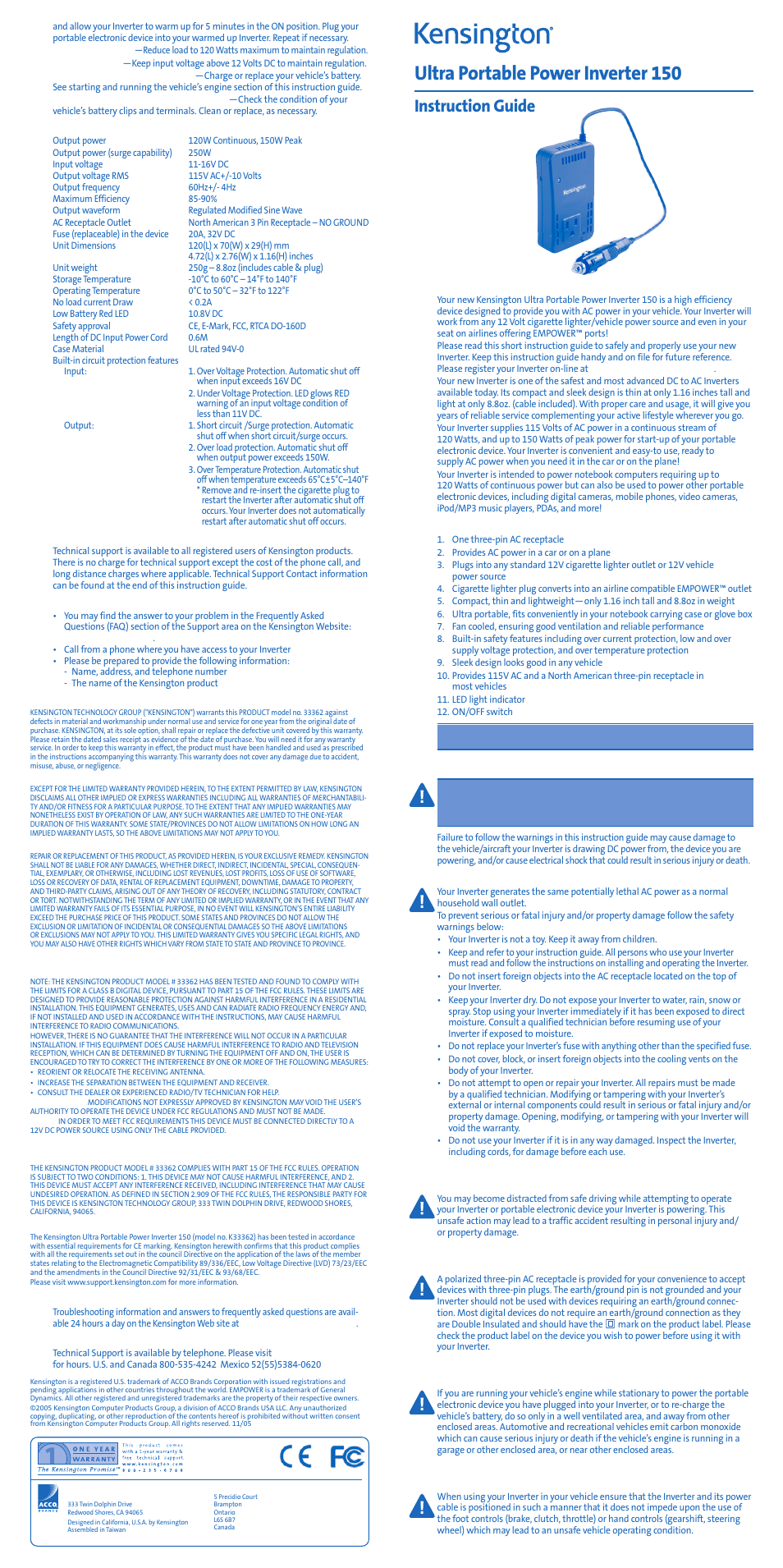 Kensington 150 User Manual | 2 pages