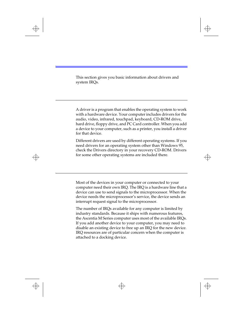 About drivers and system resources, Drivers, Irqs | Kensington M Series User Manual | Page 87 / 124