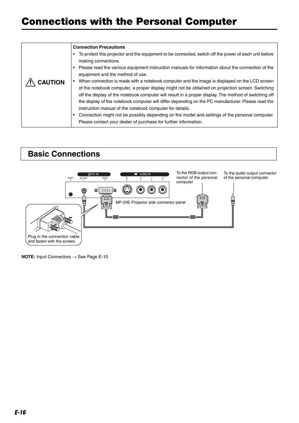 Connections with the personal computer, Basic connections, E-16 | Caution | Kensington MP-20E User Manual | Page 16 / 47