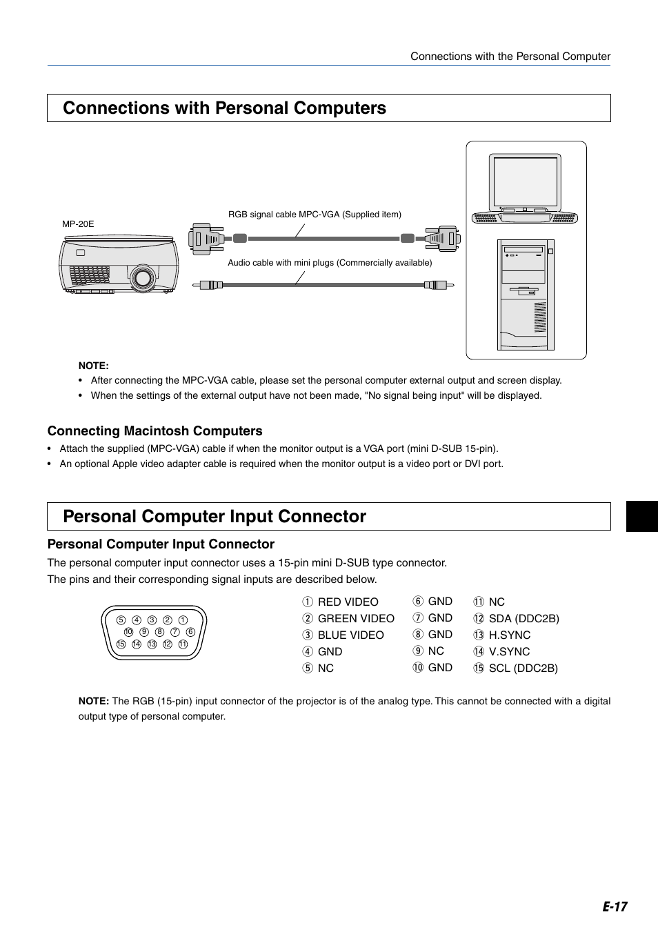 Personal computer input connector, Connections with personal computers, E-17 personal computer input connector | Connecting macintosh computers | Kensington MP-20E User Manual | Page 17 / 47