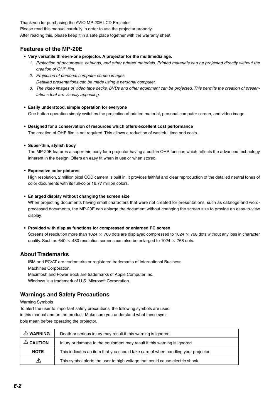 Features of the mp-20e, About trademarks, Warnings and safety precautions | Kensington MP-20E User Manual | Page 2 / 47