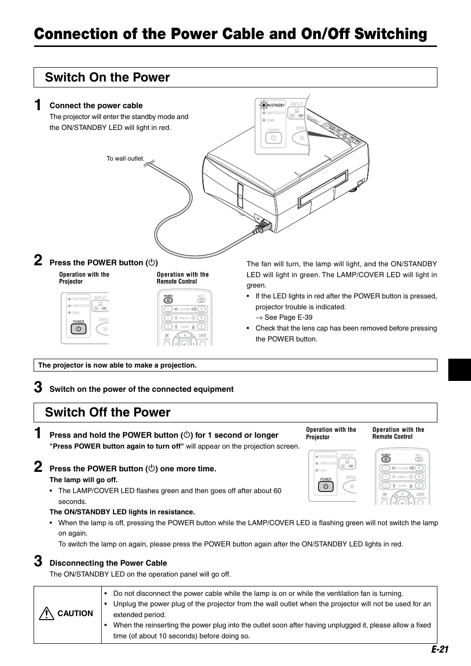 Connection of the power cable and on/off switching, Switch on the power, Switch off the power | Kensington MP-20E User Manual | Page 21 / 47