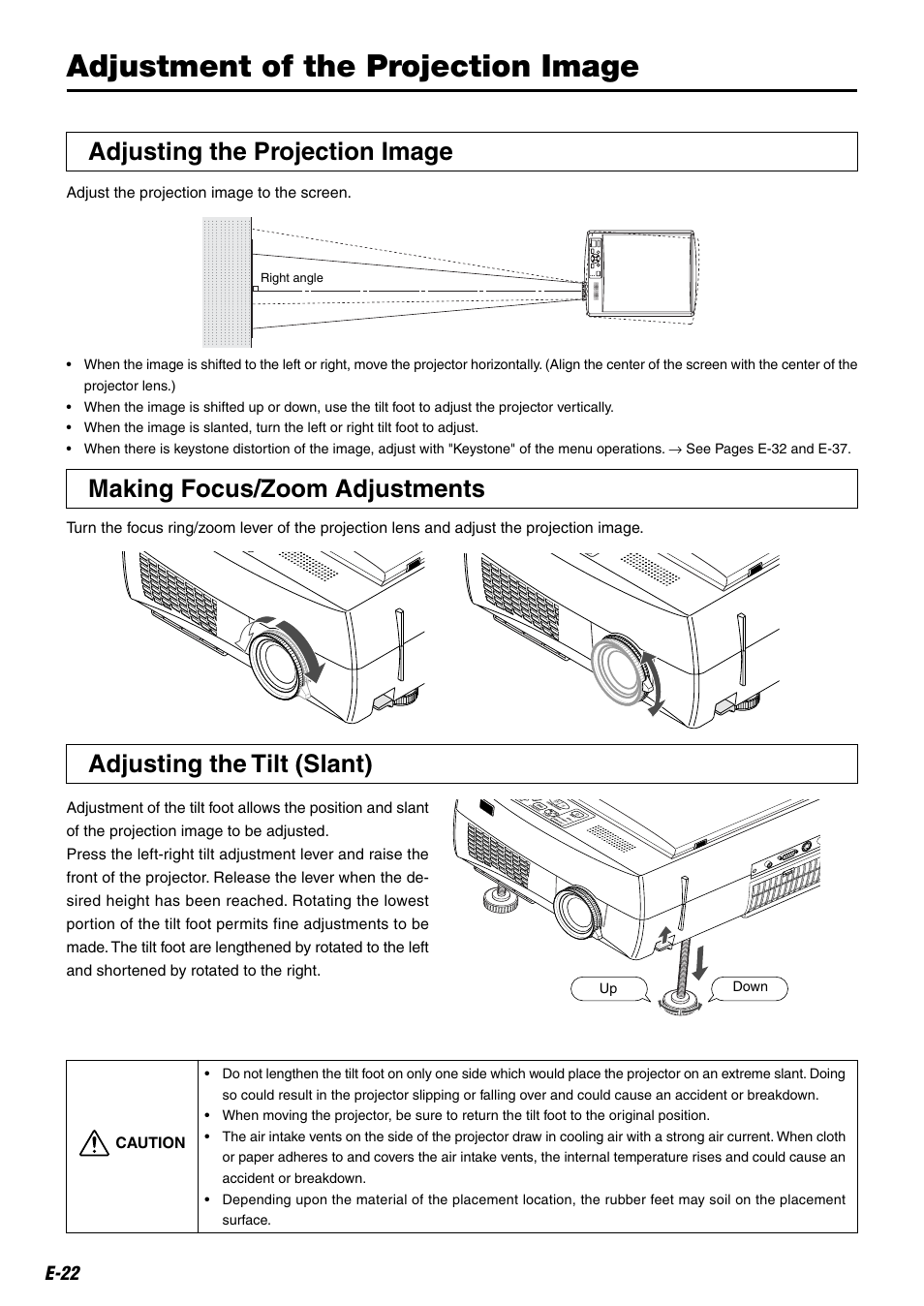 Adjustment of the projection image, Adjusting the projection image, Making focus/zoom adjustments | Adjusting the tilt (slant) | Kensington MP-20E User Manual | Page 22 / 47