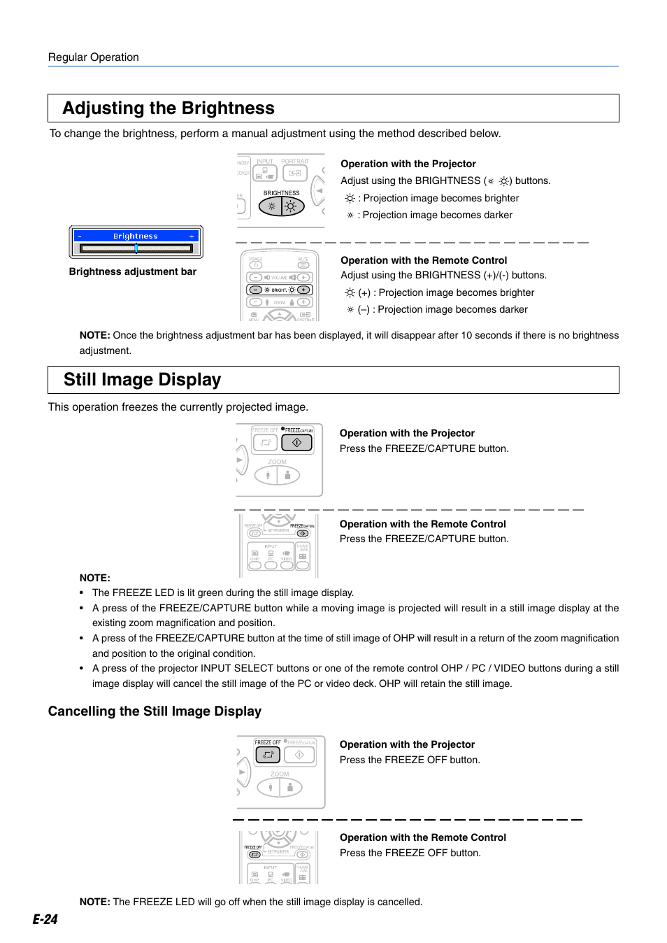 Still image display, Adjusting the brightness, E-24 | Cancelling the still image display | Kensington MP-20E User Manual | Page 24 / 47
