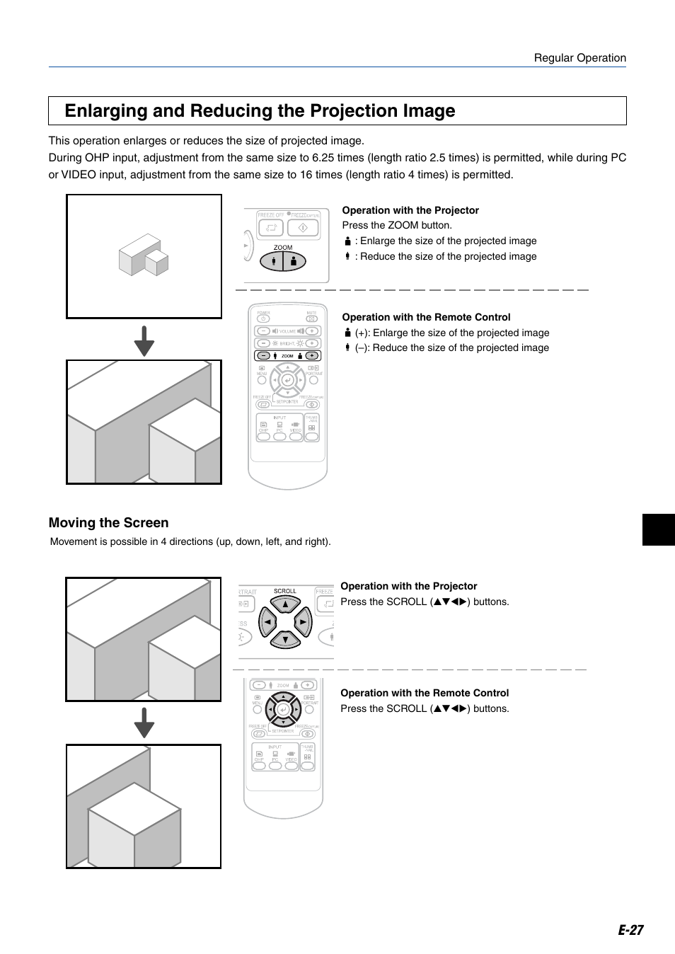 Enlarging and reducing the projection image, E-27, Moving the screen | Kensington MP-20E User Manual | Page 27 / 47