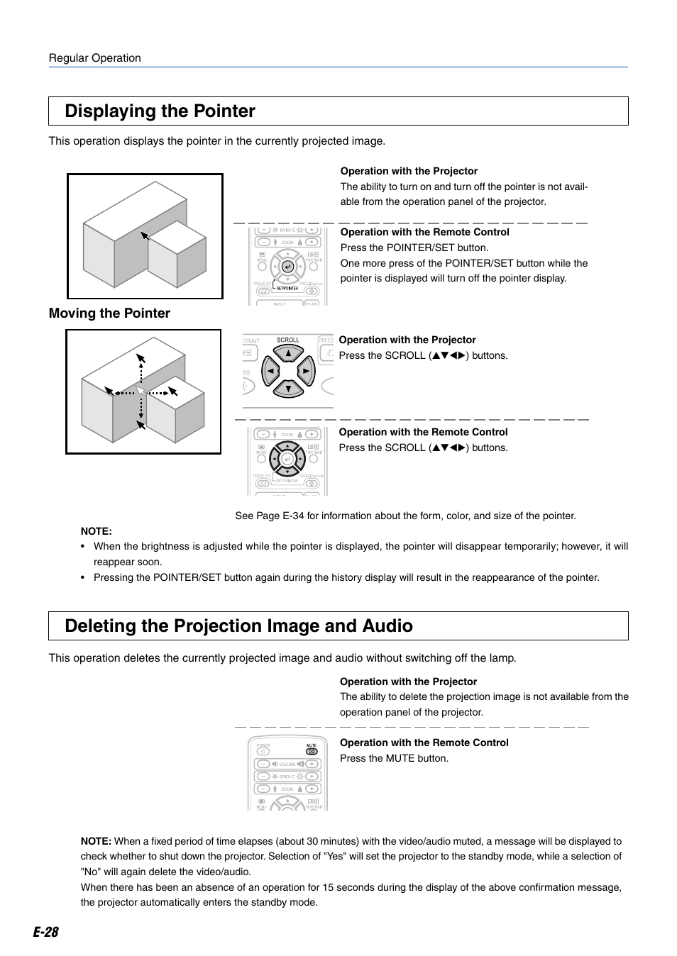 Displaying the pointer, Deleting the projection image and audio, E-28 | Moving the pointer | Kensington MP-20E User Manual | Page 28 / 47