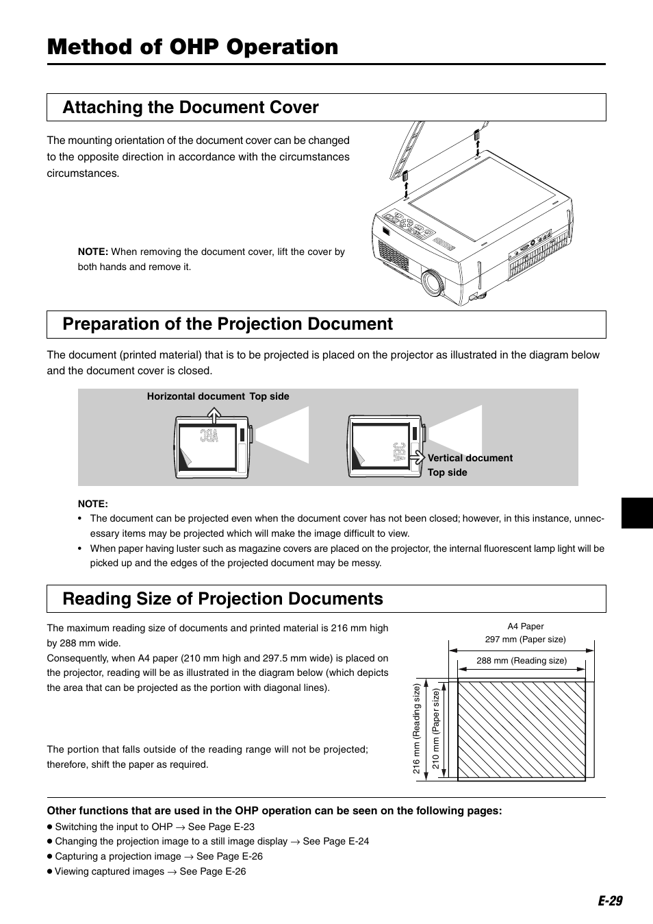 Method of ohp operation, Attaching the document cover, Preparation of the projection document | Reading size of projection documents, E-29 | Kensington MP-20E User Manual | Page 29 / 47