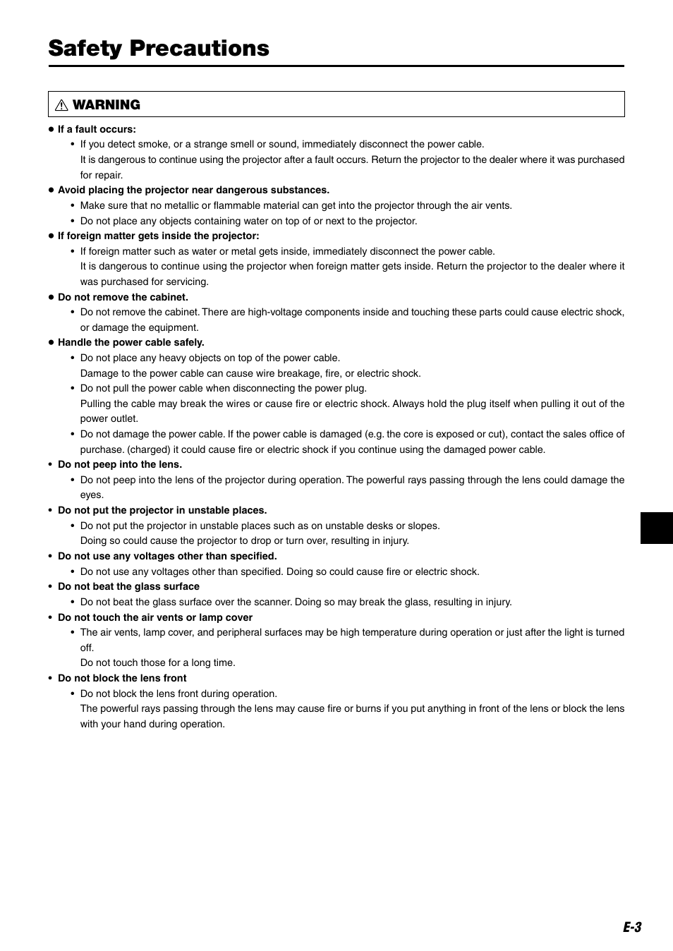 Safety precautions, E-3 warning | Kensington MP-20E User Manual | Page 3 / 47