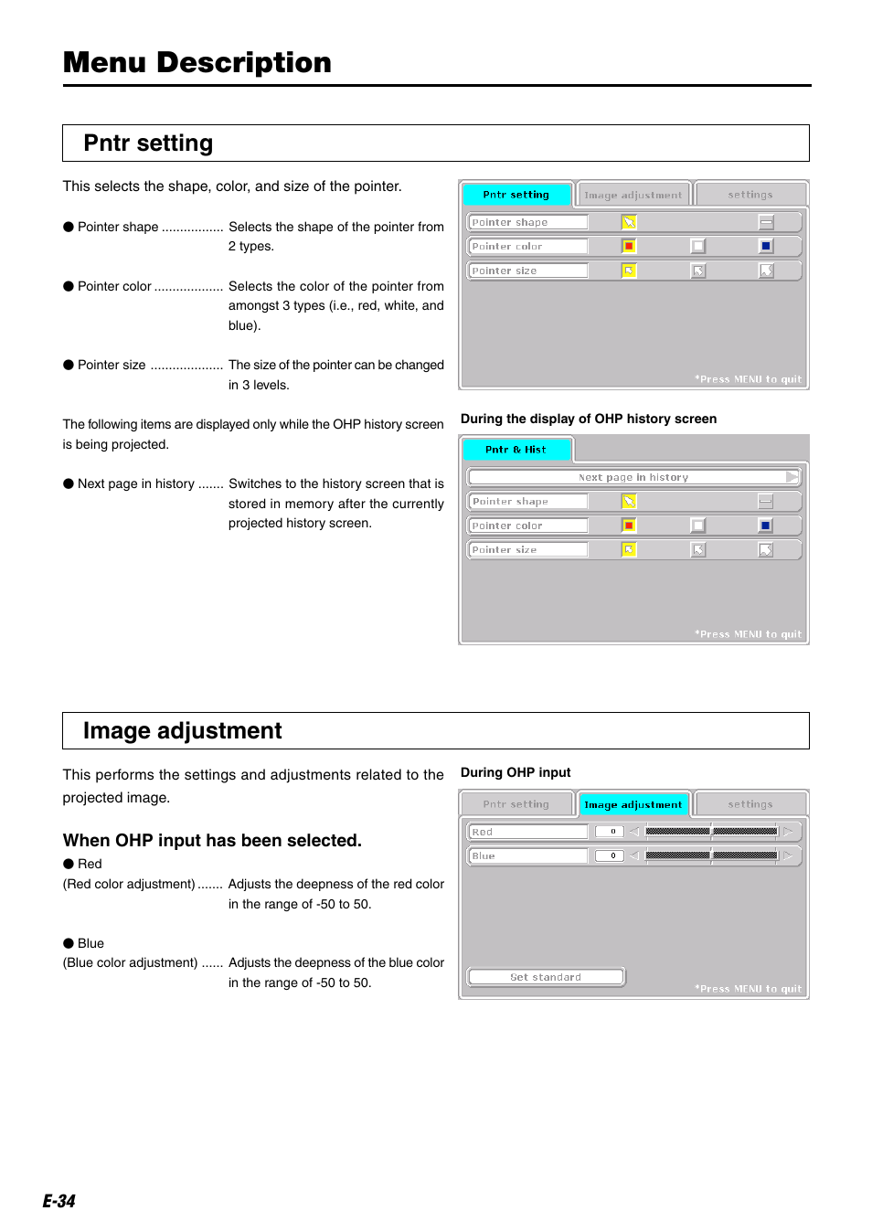 Menu description, Pntr setting, Image adjustment | Kensington MP-20E User Manual | Page 34 / 47