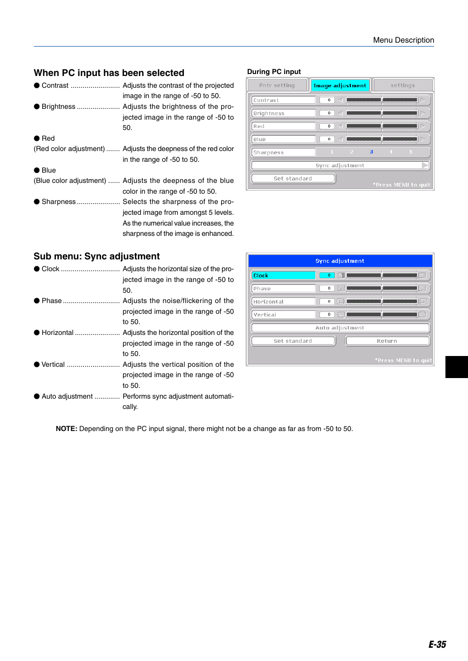 E-35 when pc input has been selected, Sub menu: sync adjustment | Kensington MP-20E User Manual | Page 35 / 47