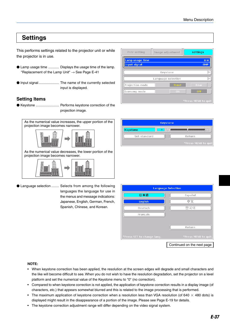 Settings, E-37, Setting items | Kensington MP-20E User Manual | Page 37 / 47