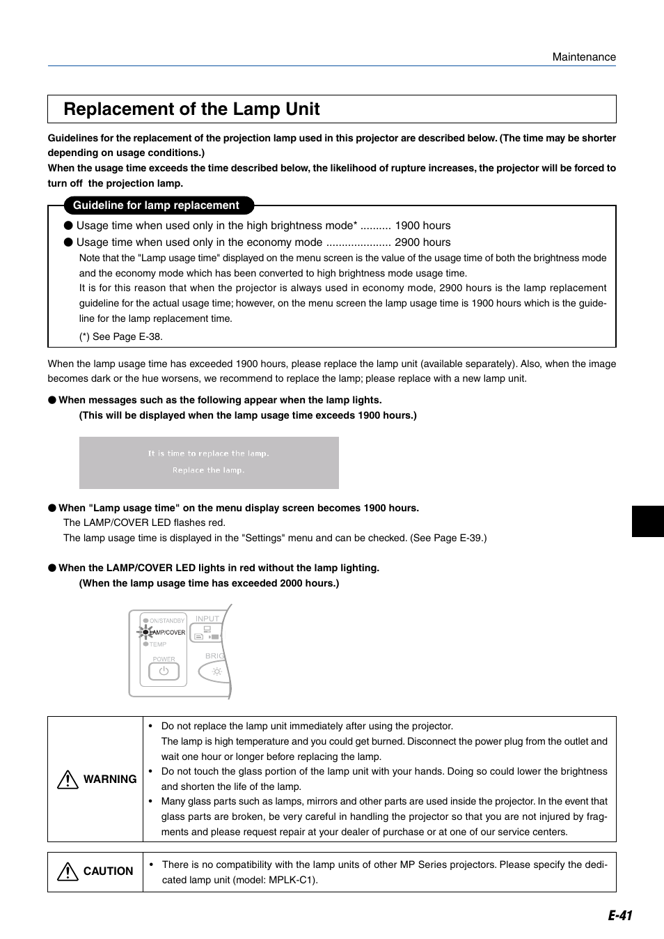 Replacement of the lamp unit, E-41 | Kensington MP-20E User Manual | Page 41 / 47