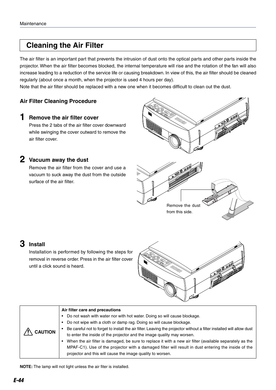 Cleaning the air filter | Kensington MP-20E User Manual | Page 44 / 47