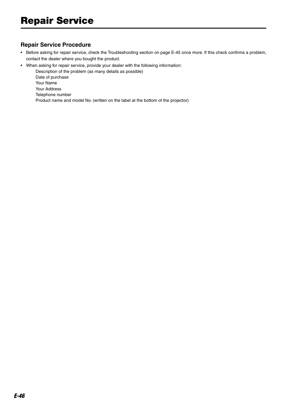 Repair service | Kensington MP-20E User Manual | Page 46 / 47