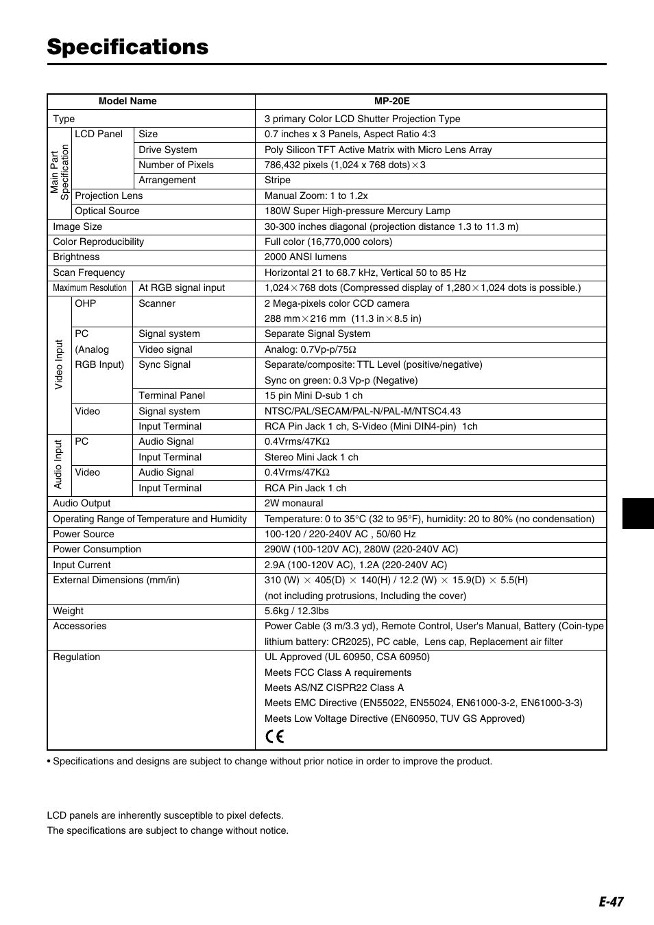 Specifications, E-47 | Kensington MP-20E User Manual | Page 47 / 47