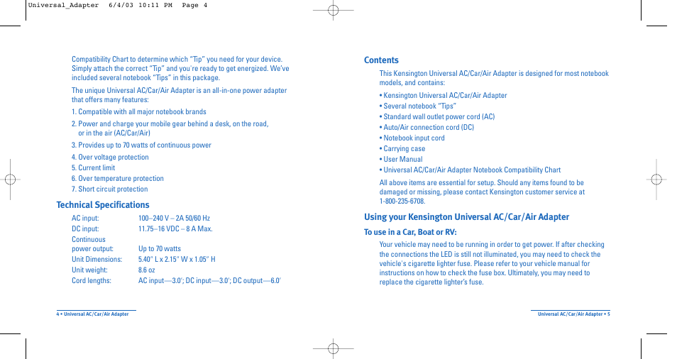 Kensington Universal AC/Car/Air Adapter User Manual | Page 3 / 7