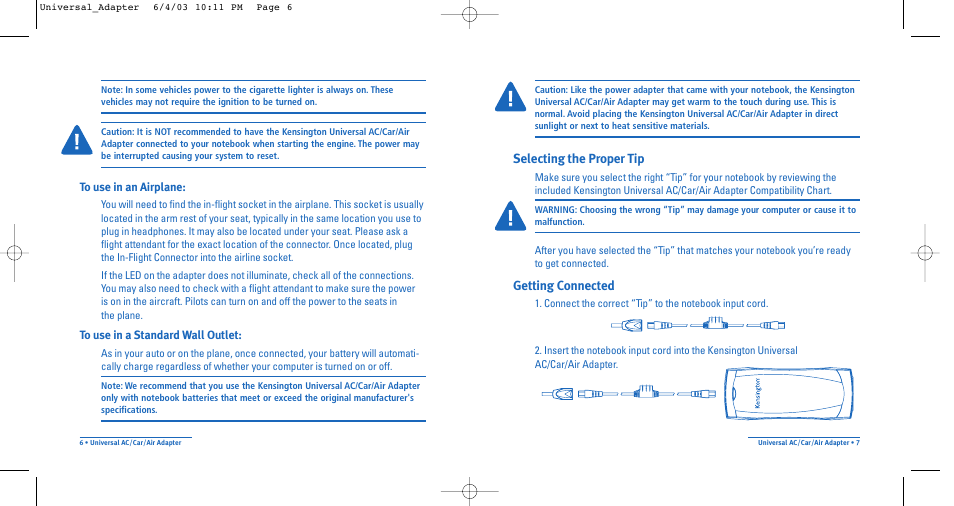 Selecting the proper tip, Getting connected | Kensington Universal AC/Car/Air Adapter User Manual | Page 4 / 7