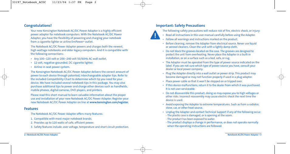 Important: safety precautions, Features | Kensington Notebook AC/DC Power Adapter Portable 120-Watt AC/DC Power Supply User Manual | Page 2 / 7