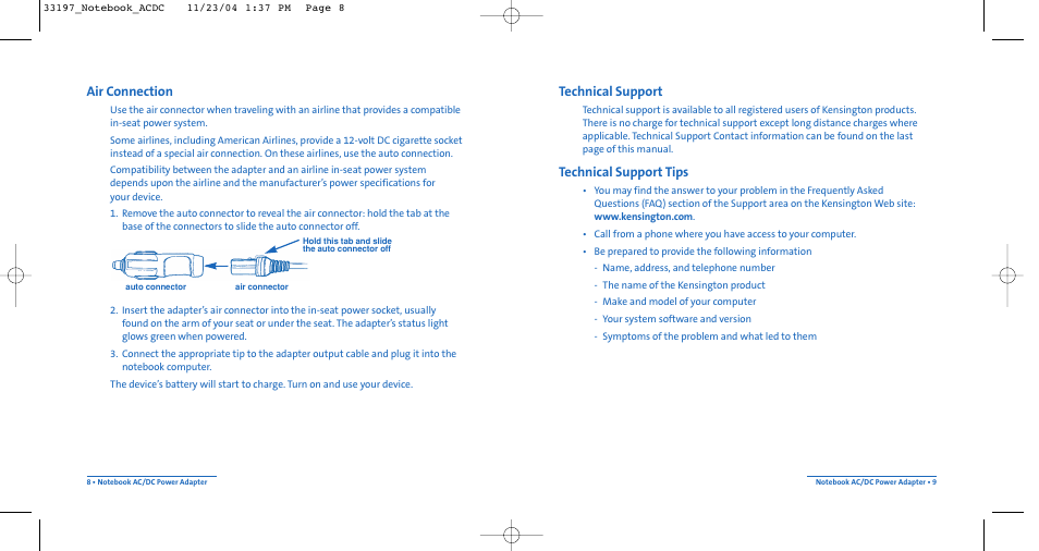 Technical support, Technical support tips, Air connection | Kensington Notebook AC/DC Power Adapter Portable 120-Watt AC/DC Power Supply User Manual | Page 5 / 7