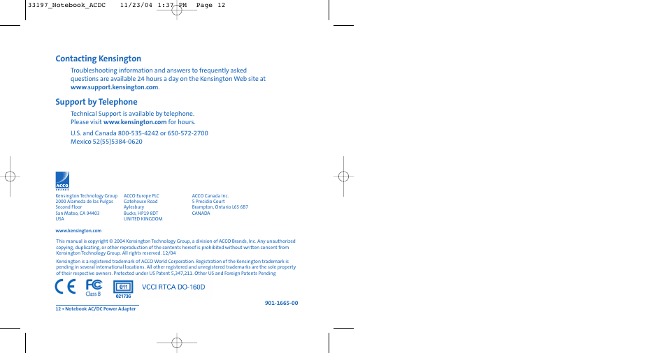 Contacting kensington, Support by telephone | Kensington Notebook AC/DC Power Adapter Portable 120-Watt AC/DC Power Supply User Manual | Page 7 / 7