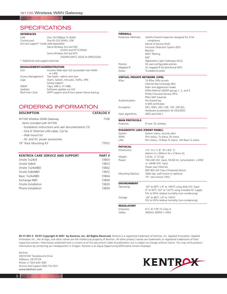 Ordering information, Specifications, Wireless wan gateway | Kentrox W1100 User Manual | Page 2 / 2