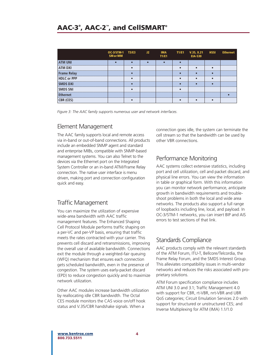 Aac-3, Aac-2, And cellsmart | Element management, Traffi c management, Performance monitoring, Standards compliance | Kentrox AAC-2TM User Manual | Page 4 / 12