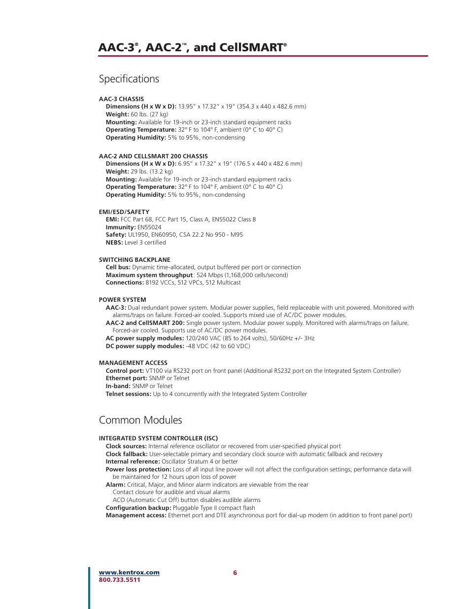 Aac-3, Aac-2, And cellsmart | Specifi cations, Common modules | Kentrox AAC-2TM User Manual | Page 6 / 12