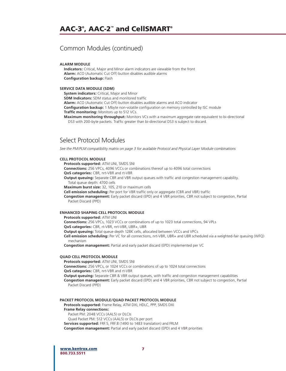 Aac-3, Aac-2, And cellsmart | Common modules (continued), Select protocol modules | Kentrox AAC-2TM User Manual | Page 7 / 12