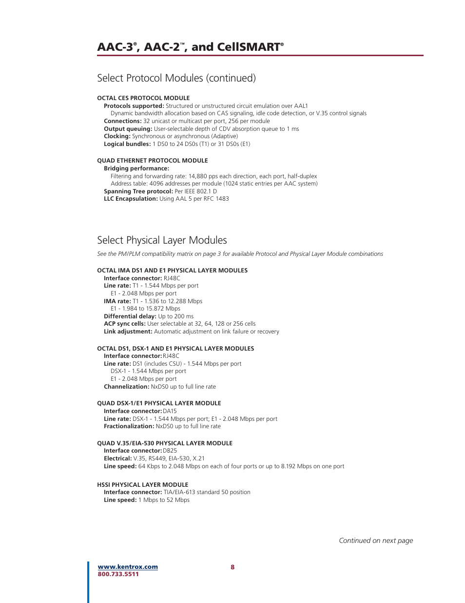 Aac-3, Aac-2, And cellsmart | Select protocol modules (continued), Select physical layer modules | Kentrox AAC-2TM User Manual | Page 8 / 12