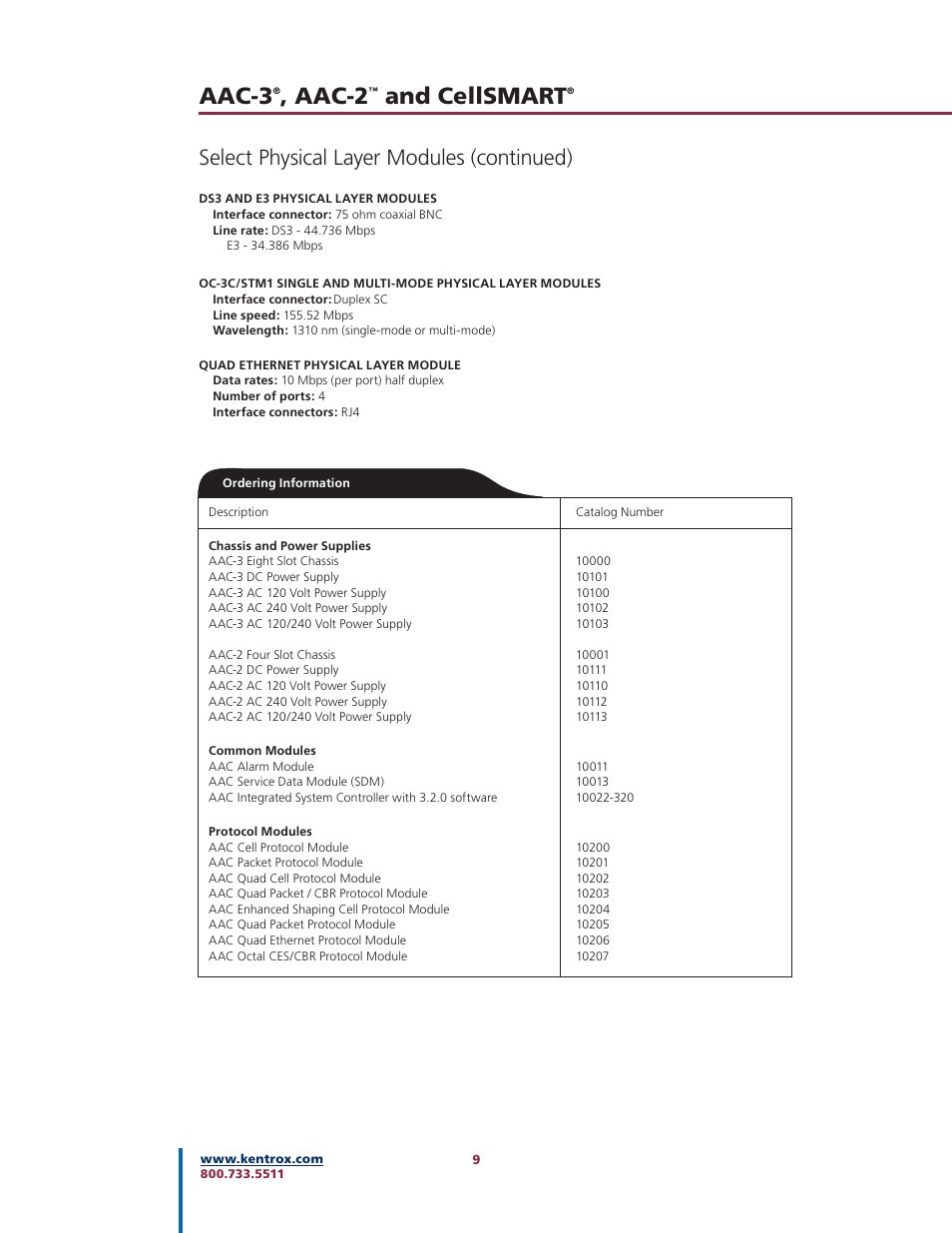 Aac-3, Aac-2, And cellsmart | Select physical layer modules (continued) | Kentrox AAC-2TM User Manual | Page 9 / 12
