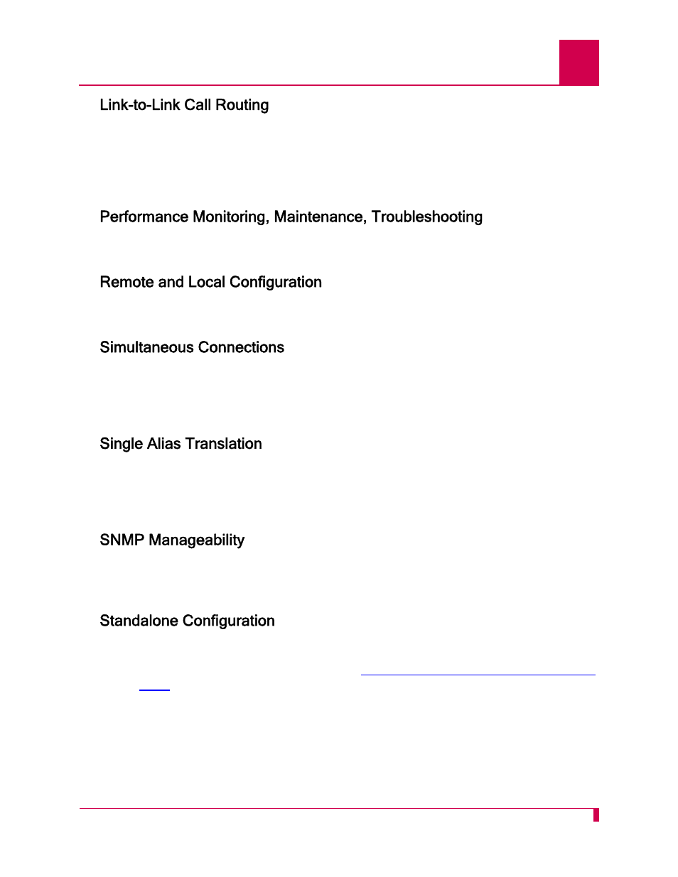 Link-to-link call routing, Remote and local configuration, Simultaneous connections | Single alias translation, Snmp manageability, Standalone configuration | Kentrox AI296 User Manual | Page 19 / 404