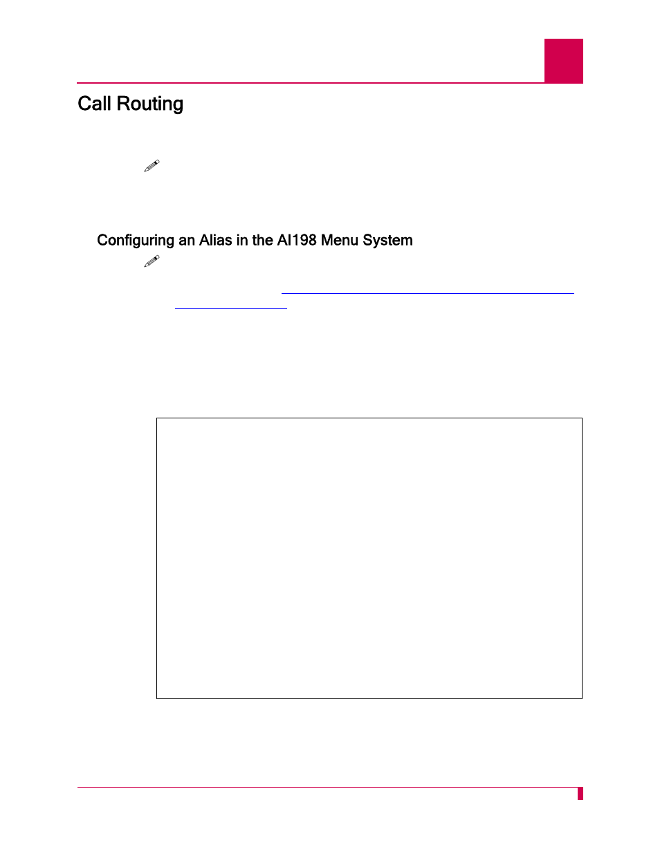 Call routing, Configuring an alias in the ai198 menu system, Call routing -5 | Configuring an alias in the ai198 menu system -5, Call routing on | Kentrox AI296 User Manual | Page 209 / 404