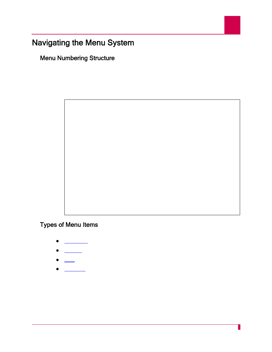Navigating the menu system, Menu numbering structure, Types of menu items | Navigating the menu system -3, Menu numbering structure -3 types of menu items -3 | Kentrox AI296 User Manual | Page 37 / 404