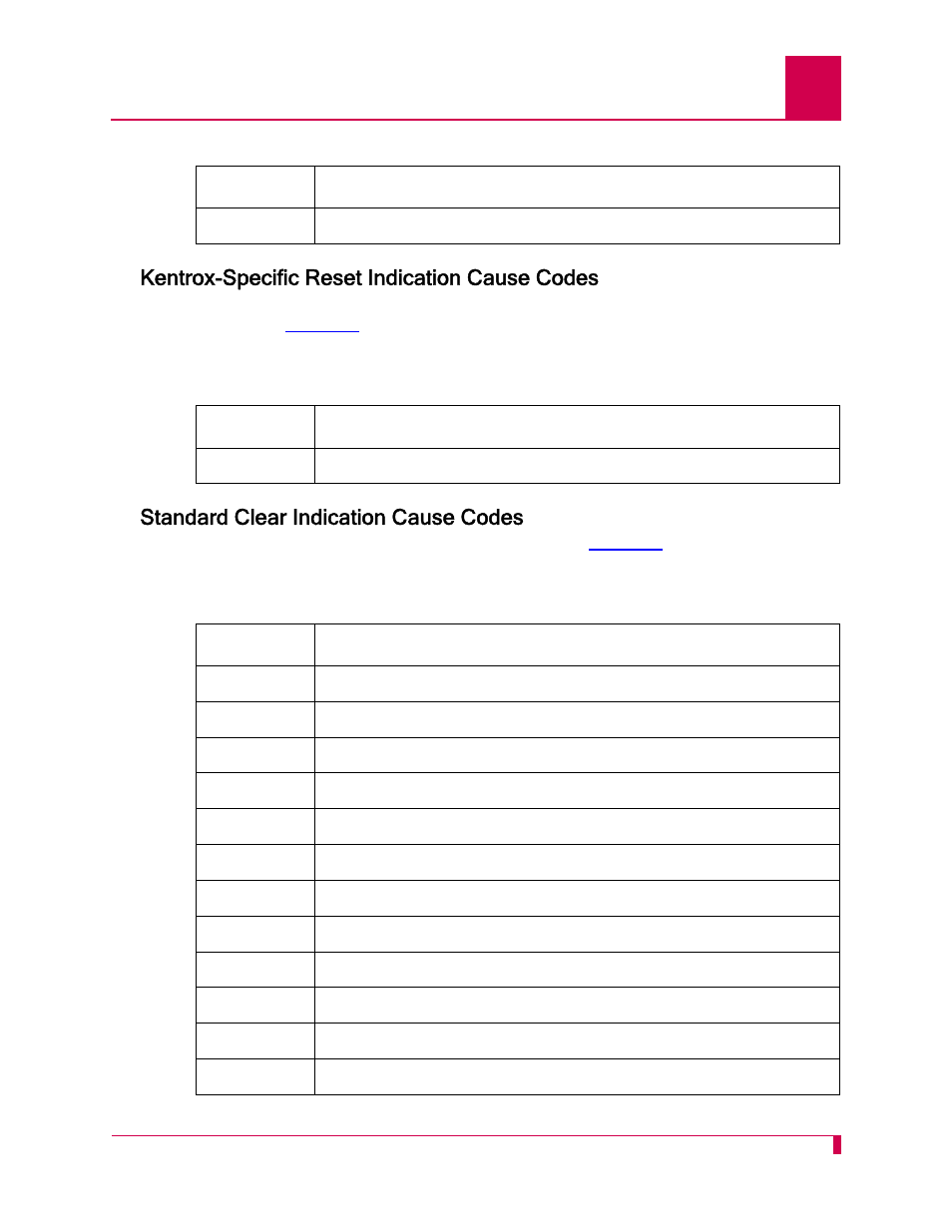 Kentrox-specific reset indication cause codes, Standard clear indication cause codes | Kentrox AI296 User Manual | Page 385 / 404