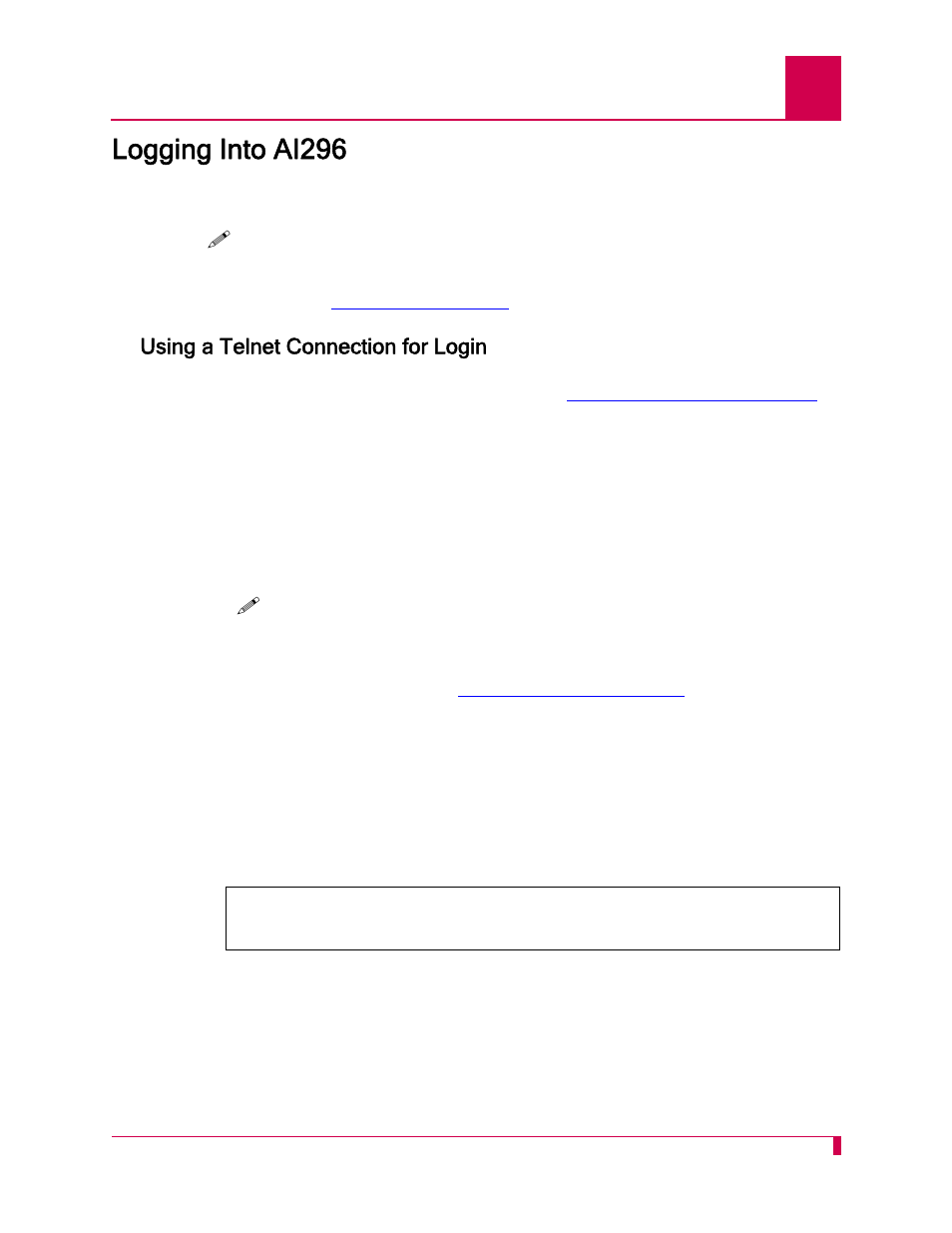 Logging into ai296, Using a telnet connection for login, Logging into ai296 -3 | Using a telnet connection for login -3 | Kentrox AI296 User Manual | Page 43 / 404