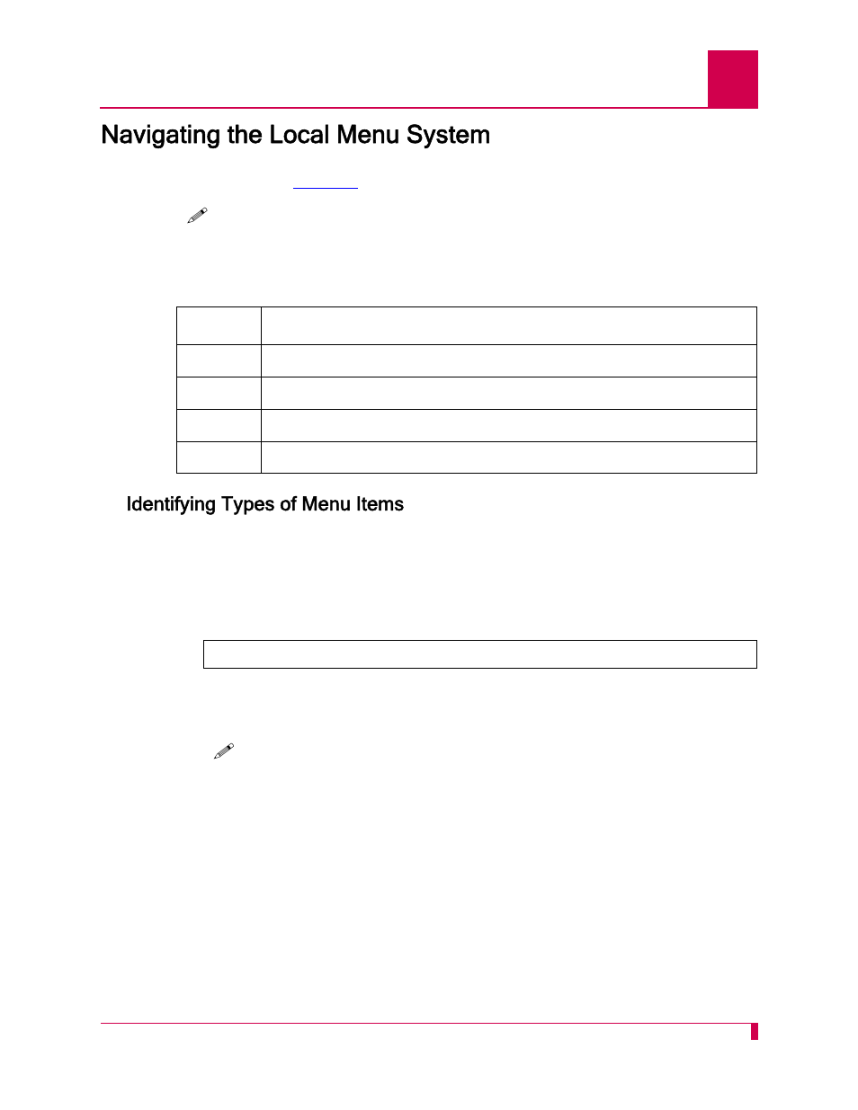 Navigating the local menu system, Identifying types of menu items, Navigating the local menu system -7 | Identifying types of menu items -7 | Kentrox AI296 User Manual | Page 47 / 404
